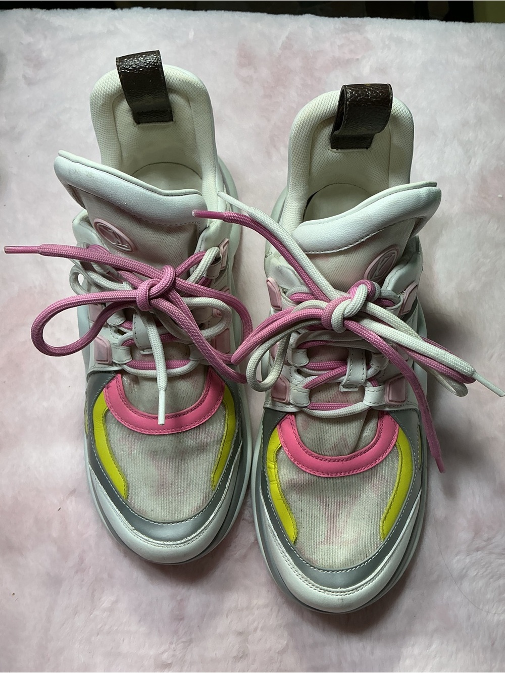 Louis Vuitton White Pink Yellow Gray Accent Athletic Sneakers b88